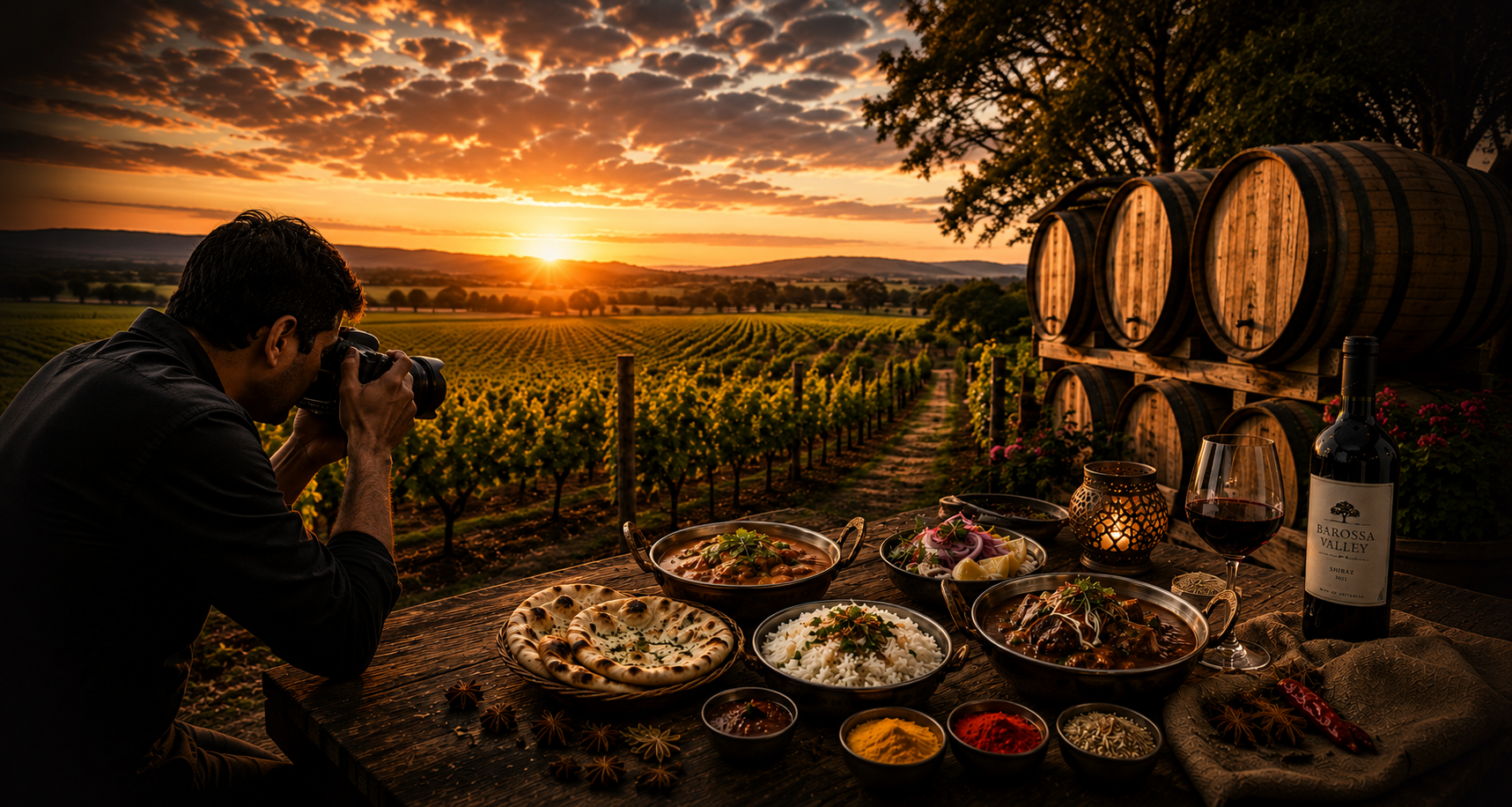 Barossa winery, oak barrels and Indian cuisine